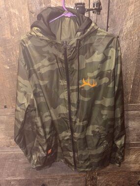Men's Camo Hooded Rain Jacket with Orange Antler Accent